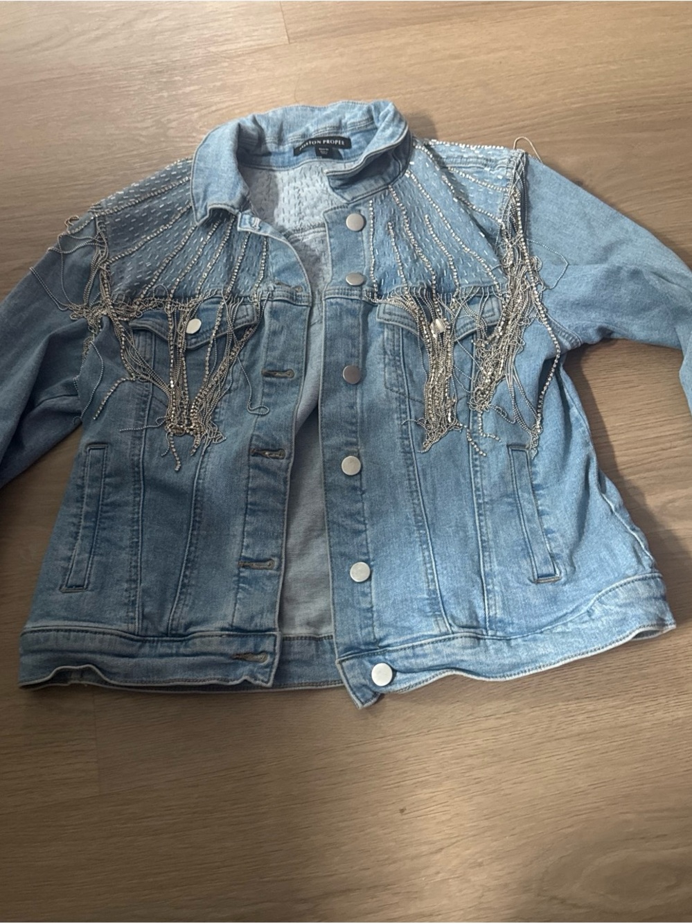 Boston Proper Light Blue Denim Jacket with Silver Beaded Fringe
